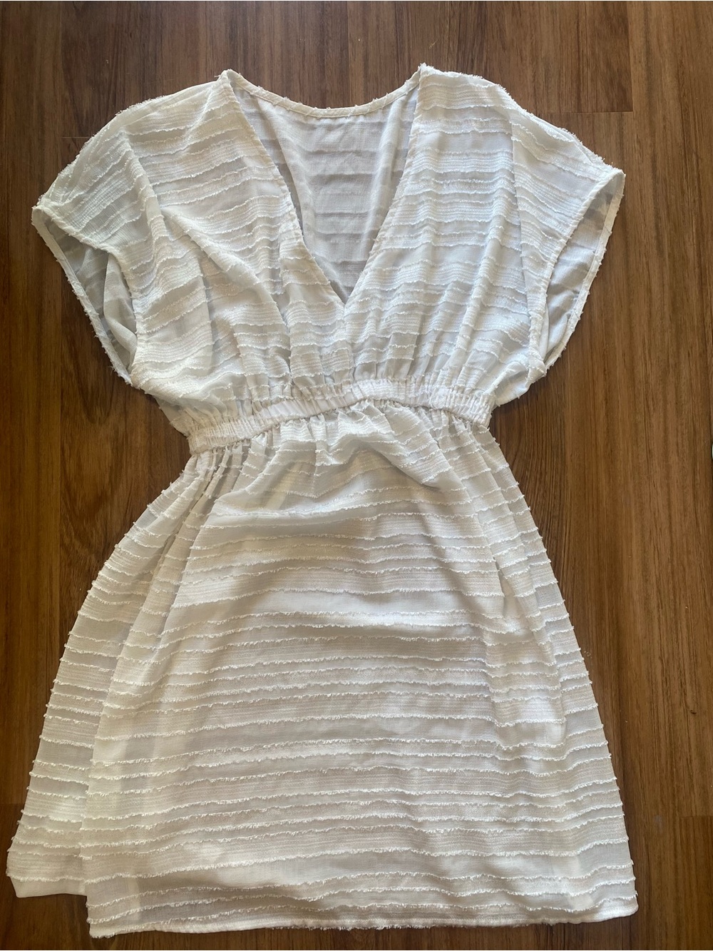 White Textured Striped V-Neck Swim Cover-Up Mini Dress